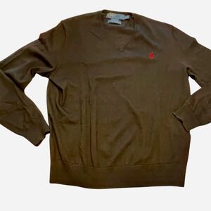 Polo Ralph Lauren Lightweight Black Merino Wool Sweater V Neck Mens XL Preppy